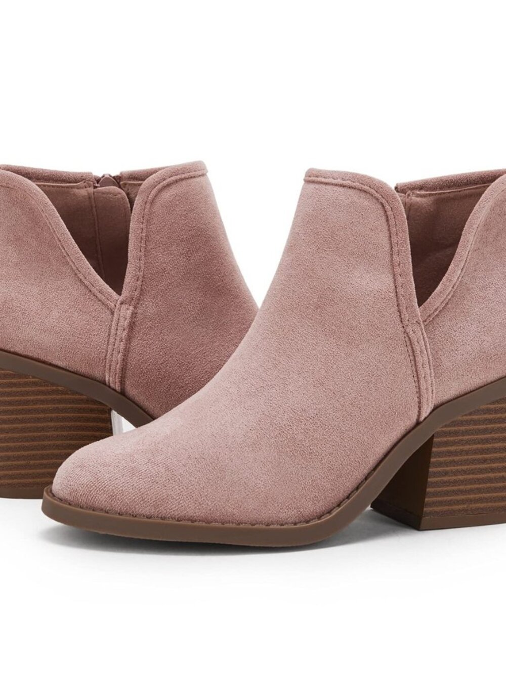 Womens Ankle Boots Chunky Stacked Heel Slip on Shoes Faux Suede Side Zipper